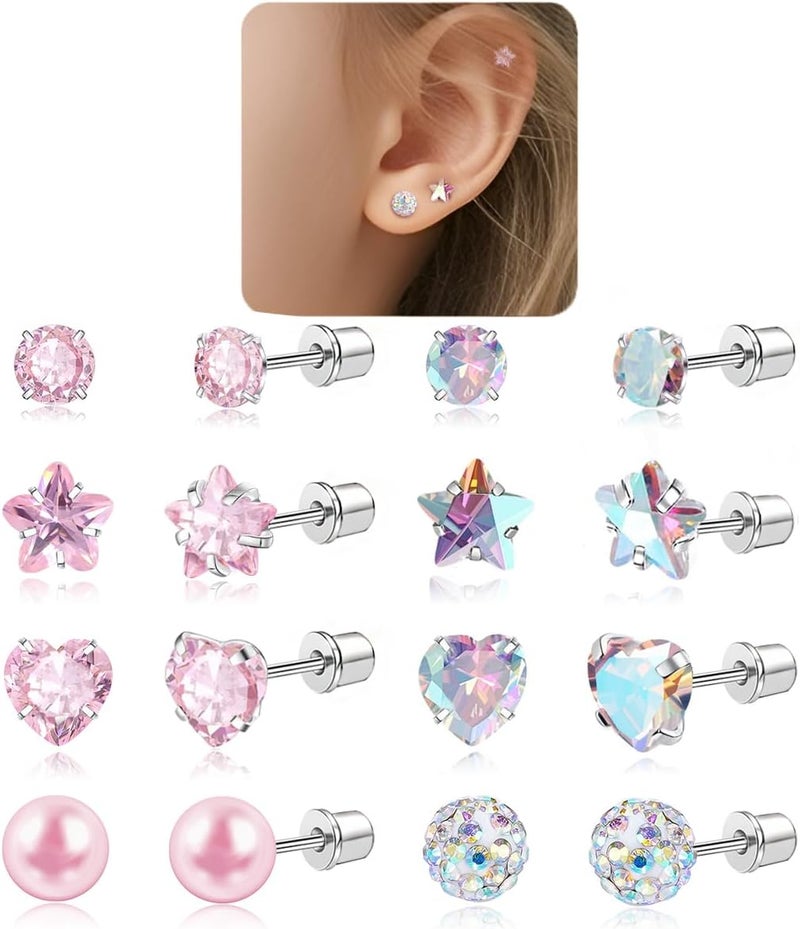 DALI Hypoallergenic 14K Gold Earrings for Girls Women, Toddler Screw Back Baby Earrings for Sensitive Ears Silver Kids Earrings Cute Flower Heart Star Ball Dot Mouse Titanium Flat Back Stud Earring Sets - Image 1